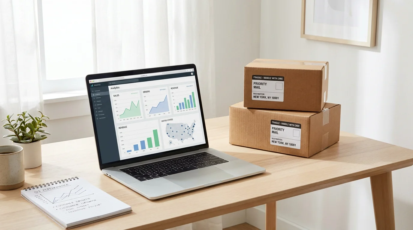 E-commerce seller workspace with laptop dashboard and shipping boxes ready for Amazon fulfillment