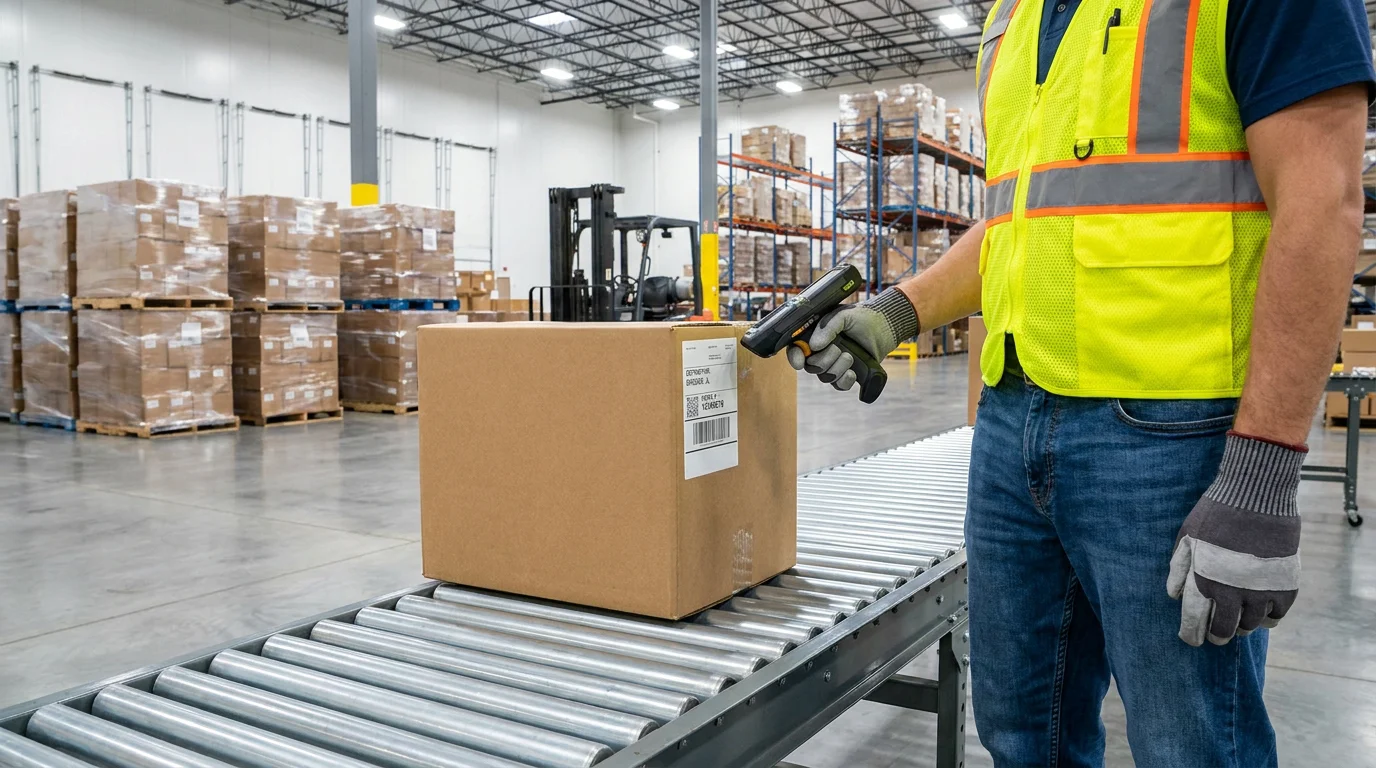 Warehouse fulfillment operations with worker scanning packages for Amazon shipment