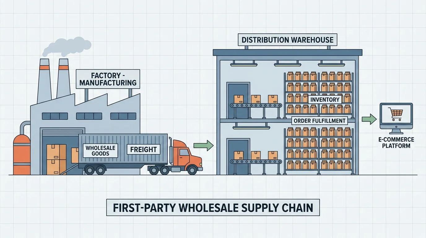 Illustration of a wholesale supply chain from factory to distribution warehouse representing Amazon Vendor Central workflow