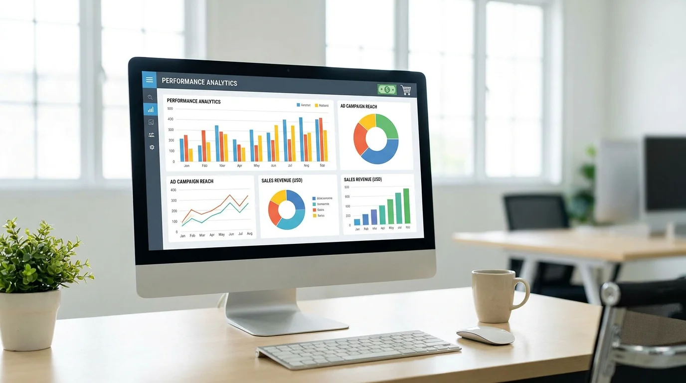 Analytics dashboard on a monitor showing advertising performance metrics for e-commerce vendors