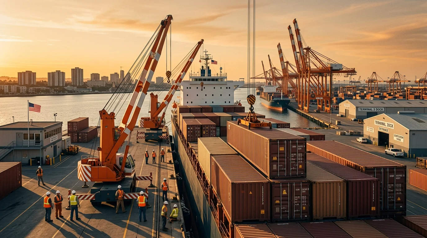 Crane loading freight onto a cargo vessel at a port representing the FOB transfer point