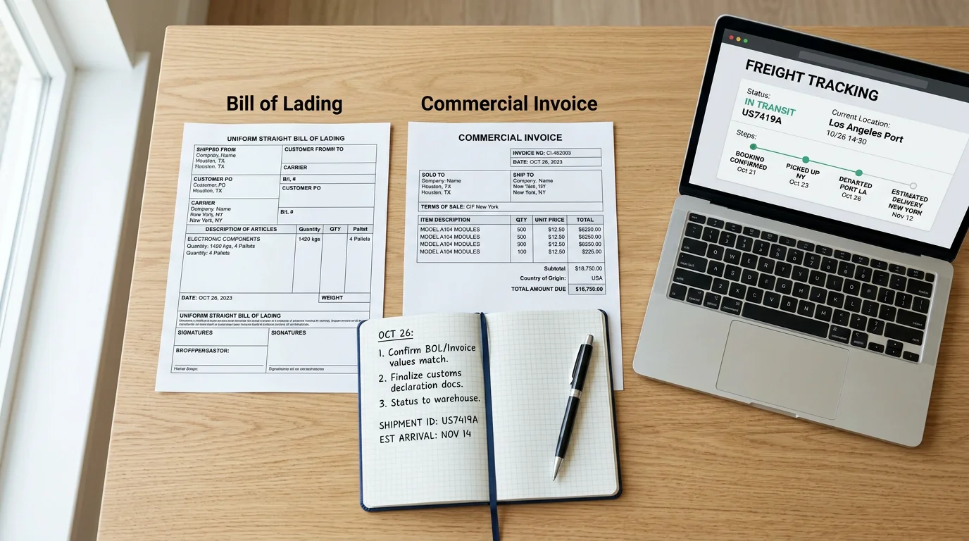 Shipping documents and freight tracking on a desk illustrating FOB contract terms