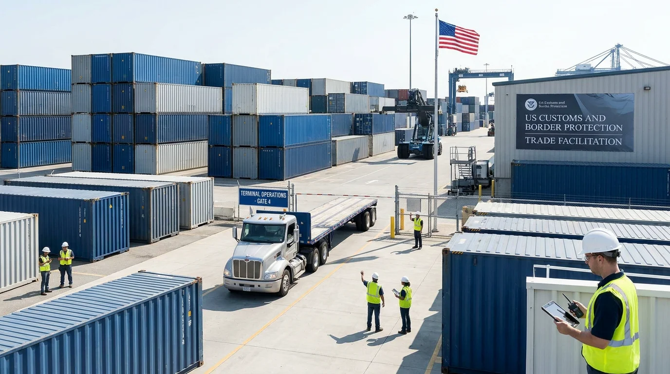 International shipping terminal with containers and logistics operations representing FCA Incoterm trade