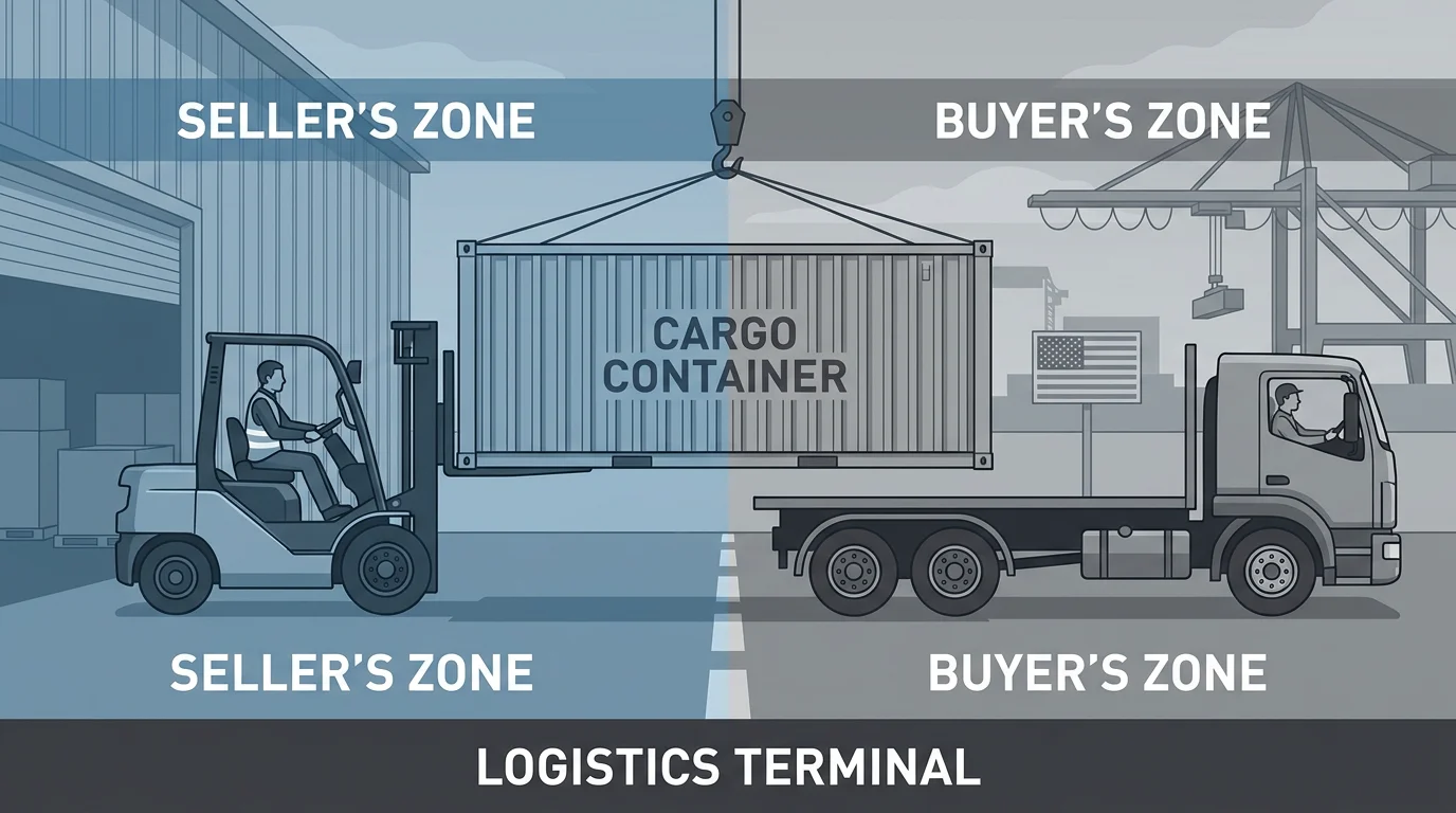 Illustration showing FCA risk transfer point at a logistics terminal between seller and buyer
