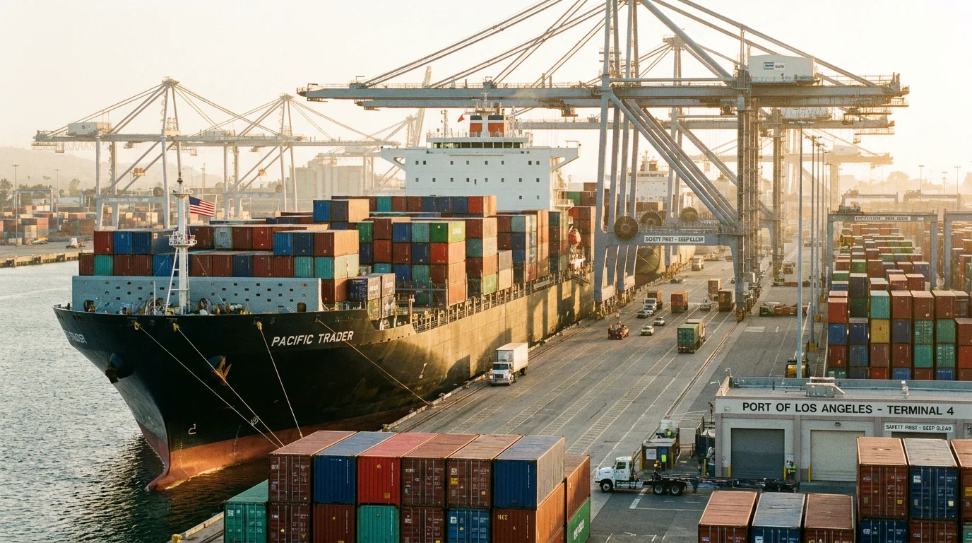 Container ship docked at a US seaport representing FOB shipping and international trade