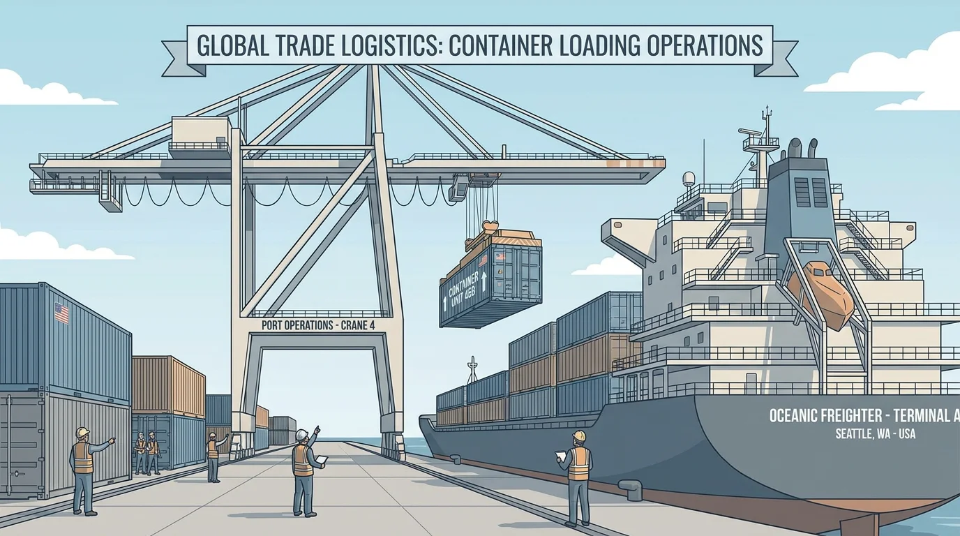 Container being loaded onto a cargo vessel at a US seaport illustrating the FOB transfer point