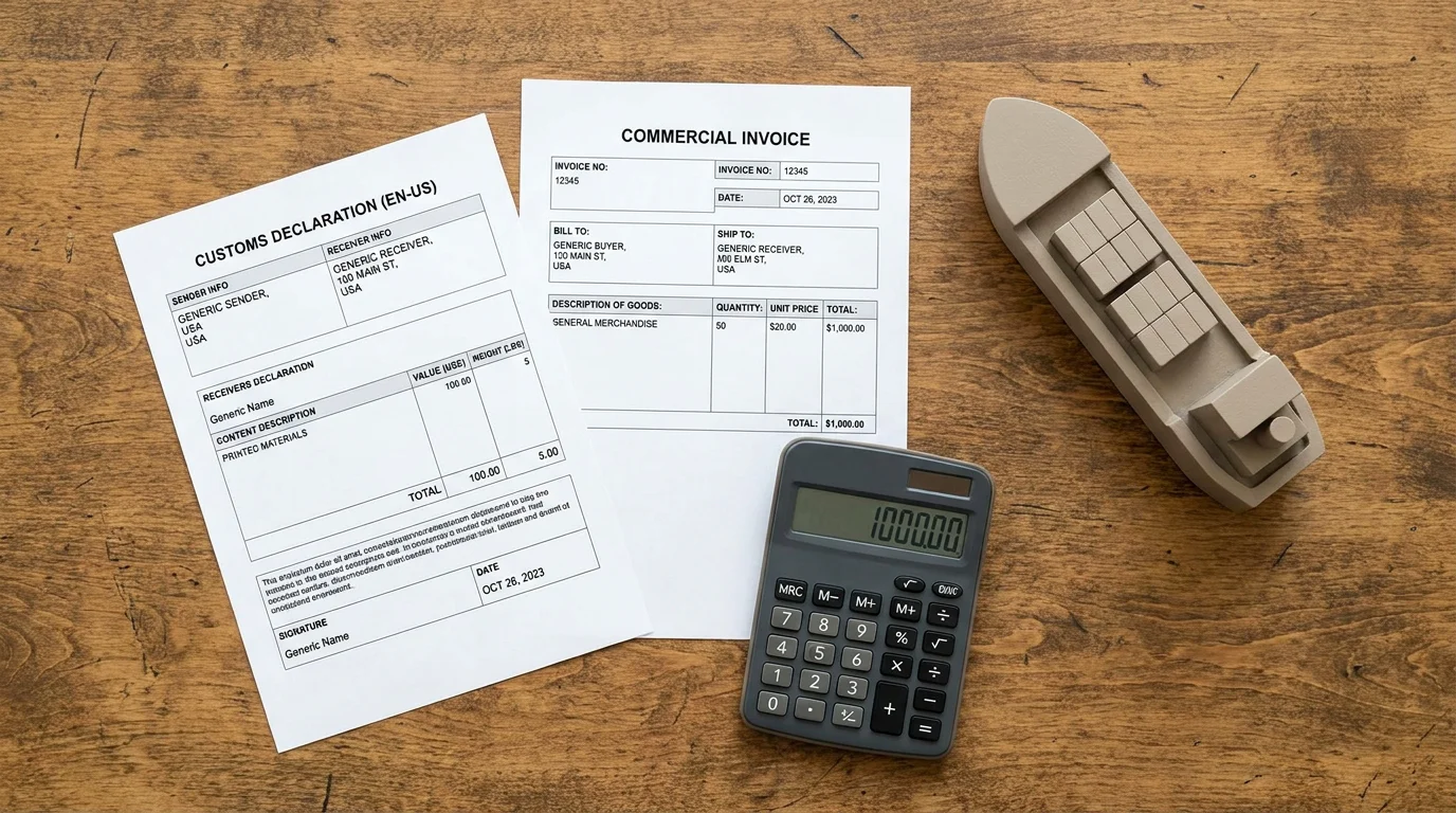 Overhead view of FOB shipping documents, invoice, and calculator on a desk