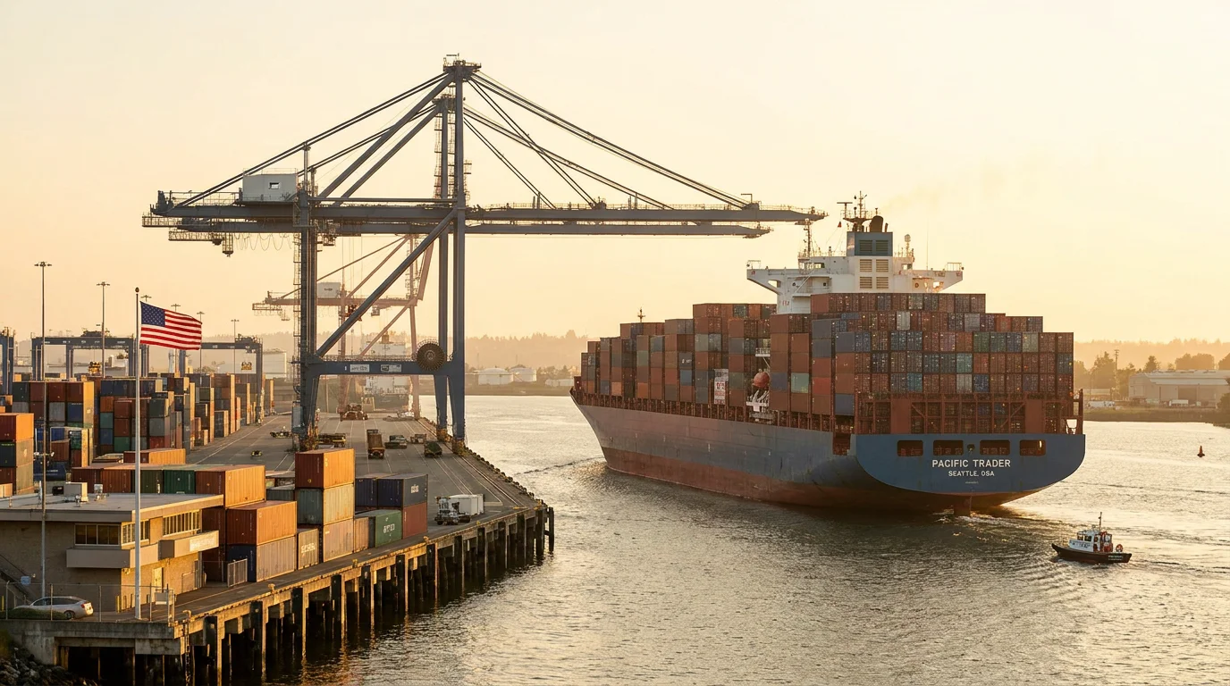 Cargo ship arriving at a US commercial port with containers and cranes