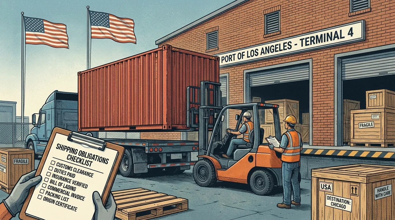 Illustration of a cargo container delivery at a US warehouse dock with a shipping obligations checklist