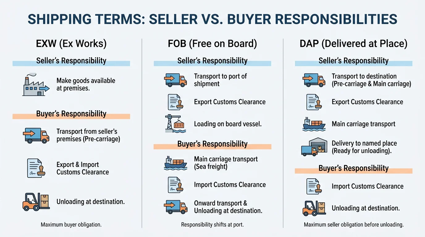 Infographic comparing DAP, DDP, and FCA Incoterms seller and buyer responsibilities