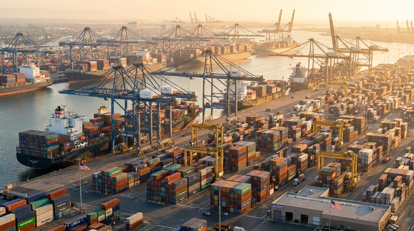 Aerial view of a busy US commercial shipping port with cargo containers and cranes at golden hour