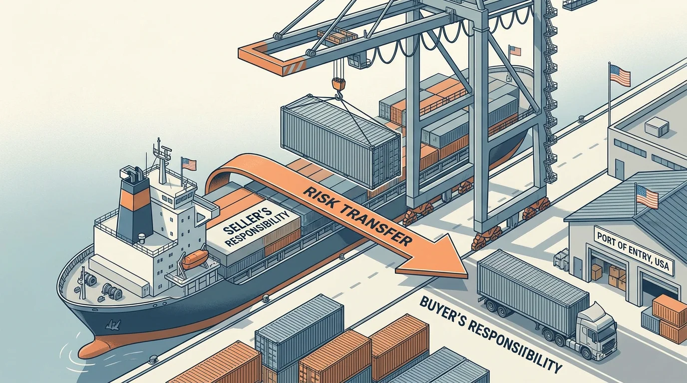 Illustration of cargo container unloading at a US port showing FOB risk transfer point