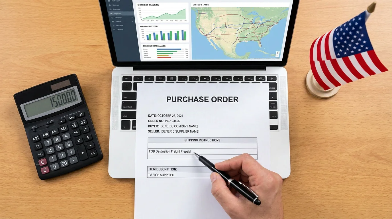 Purchase order showing FOB Destination Freight Prepaid terms on a professional desk