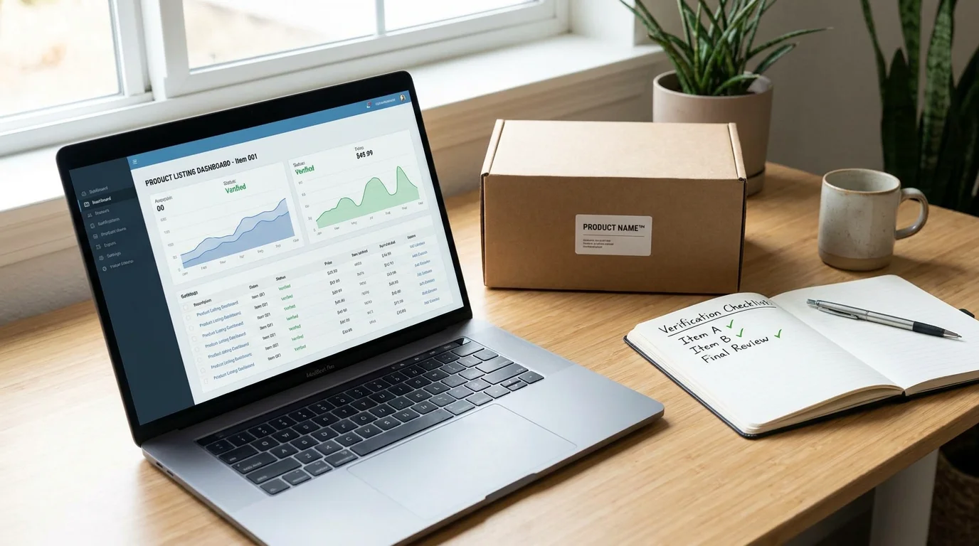 Workspace showing a laptop with a product listing dashboard and a branded product box representing Amazon Brand Registry enrollment