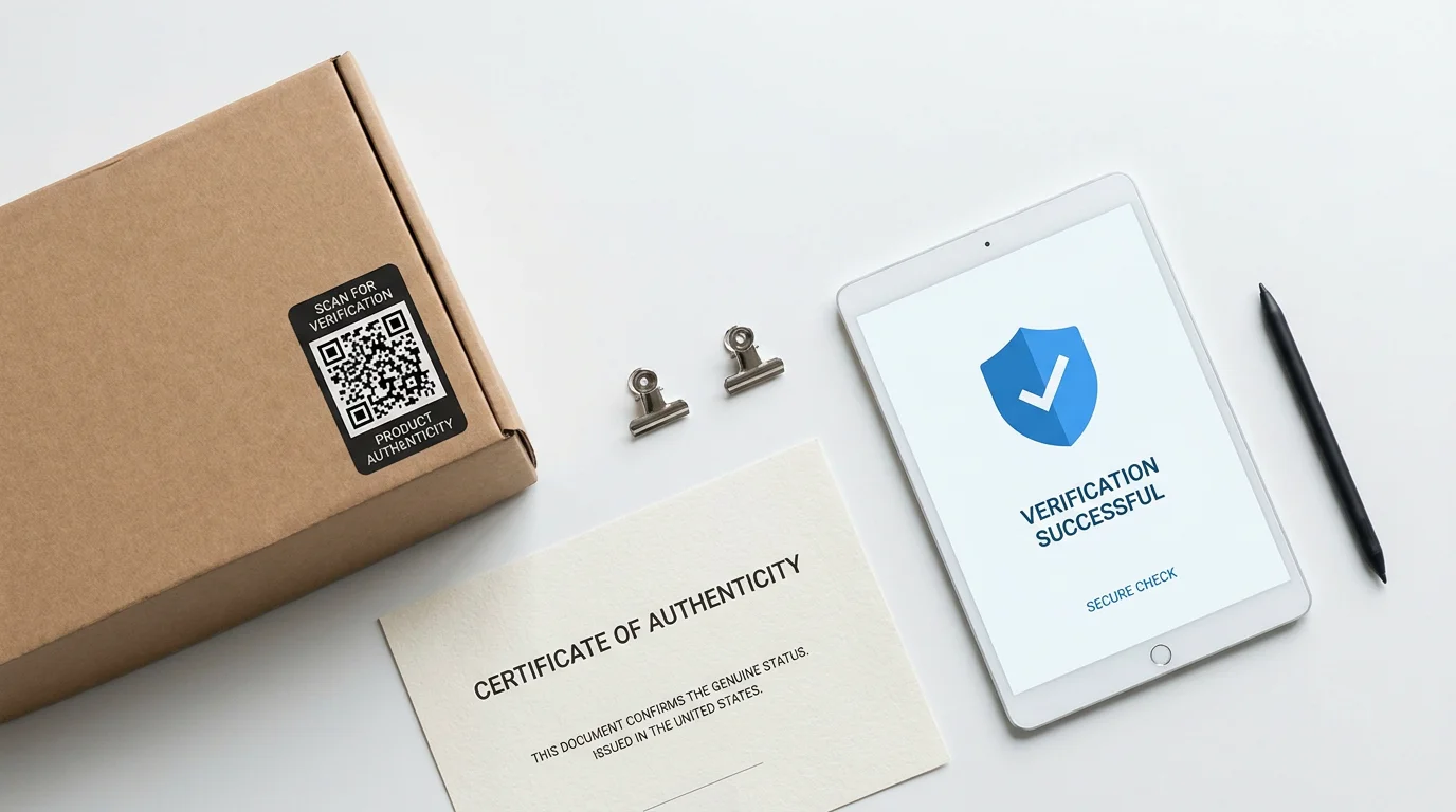 Flat lay showing product authentication tools including QR codes and verification documents for brand protection