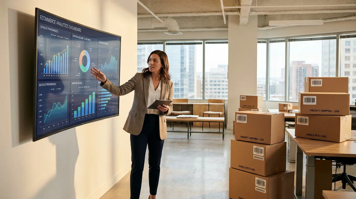 Entrepreneur analyzing Amazon sales data in a professional ecommerce office
