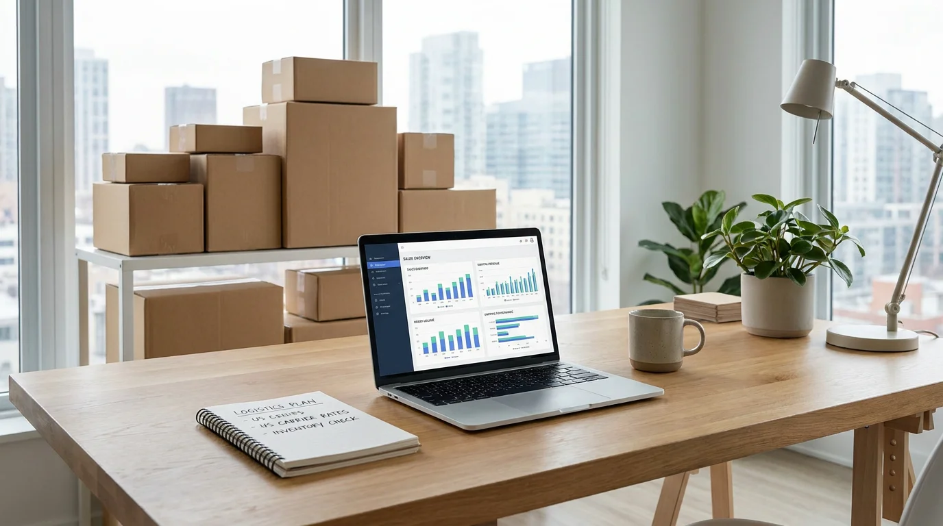 Professional ecommerce workspace with analytics dashboard and shipping boxes for Amazon sellers