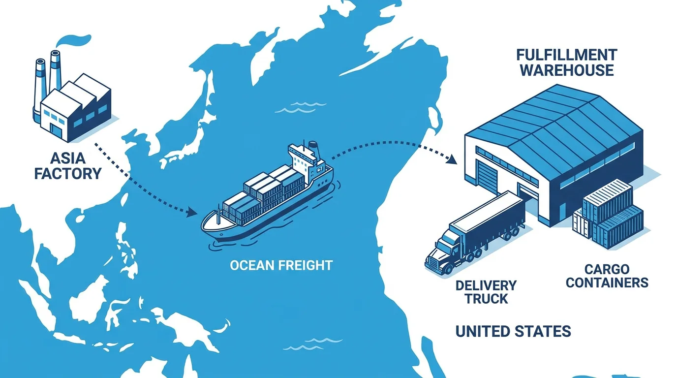 Illustration of international shipping route from Asia to US Amazon fulfillment warehouse