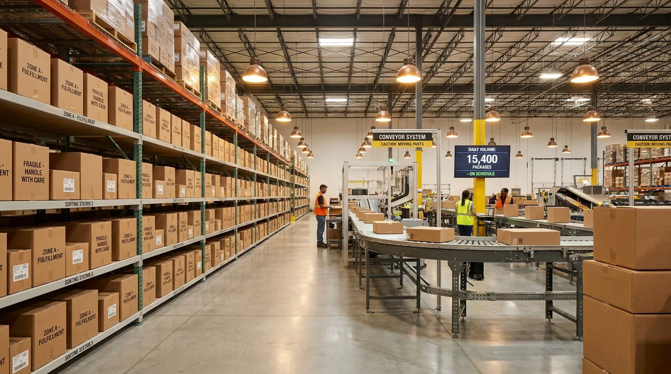 Modern fulfillment warehouse with organized shelving and conveyor belts for e-commerce order processing