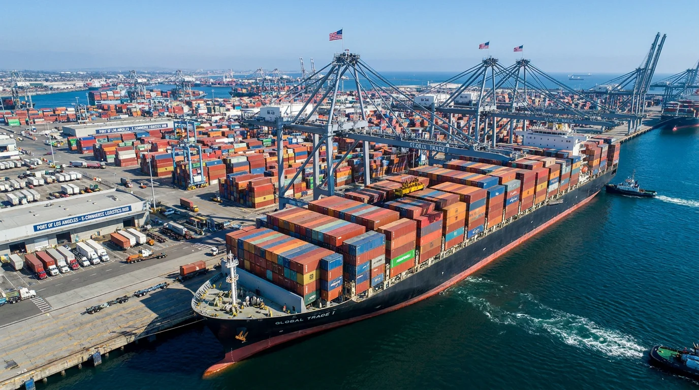 Container ship at a major port representing international freight logistics for e-commerce sellers