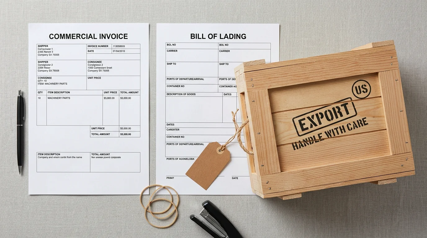 Shipping documents and a small cargo crate representing FOB contract terms