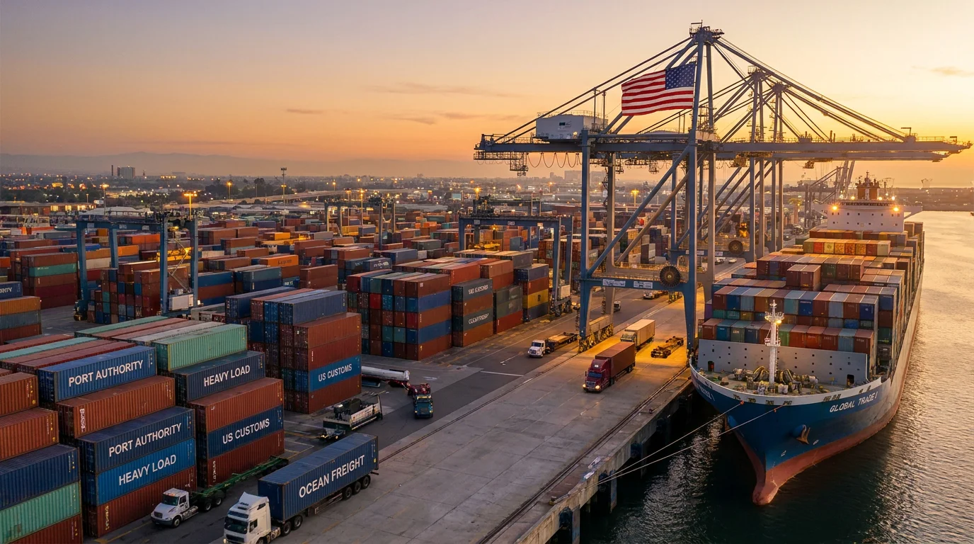 Panoramic view of a US shipping port with cargo containers and cranes, representing FOB trade operations