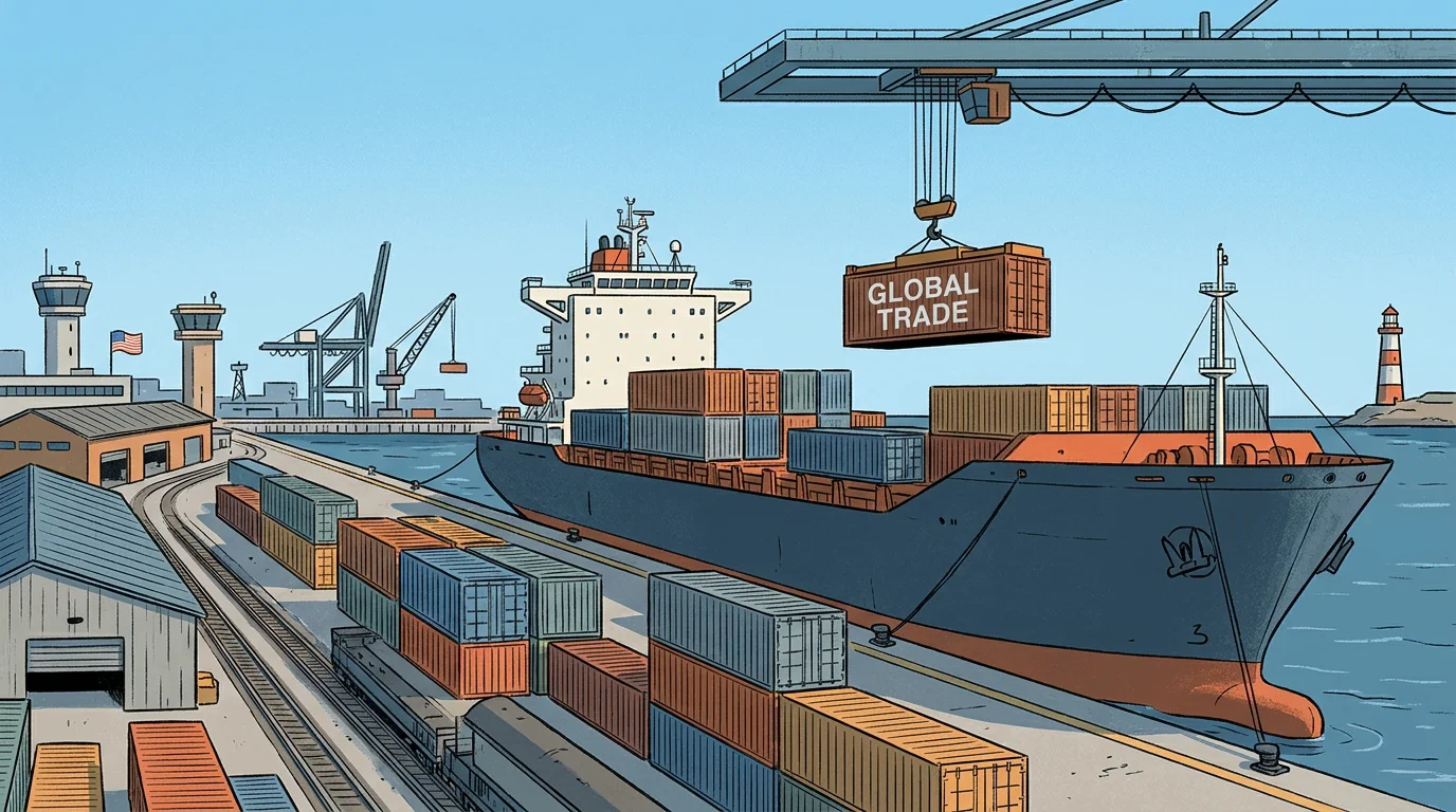Cargo container being loaded onto a vessel at a US port, illustrating the FOB transfer point