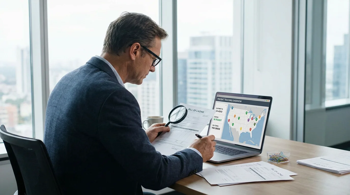 Business professional reviewing FOB shipping documents and freight tracking dashboard