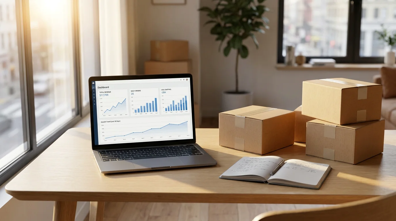 Laptop showing e-commerce dashboard with upward sales graphs and shipping boxes on a modern desk