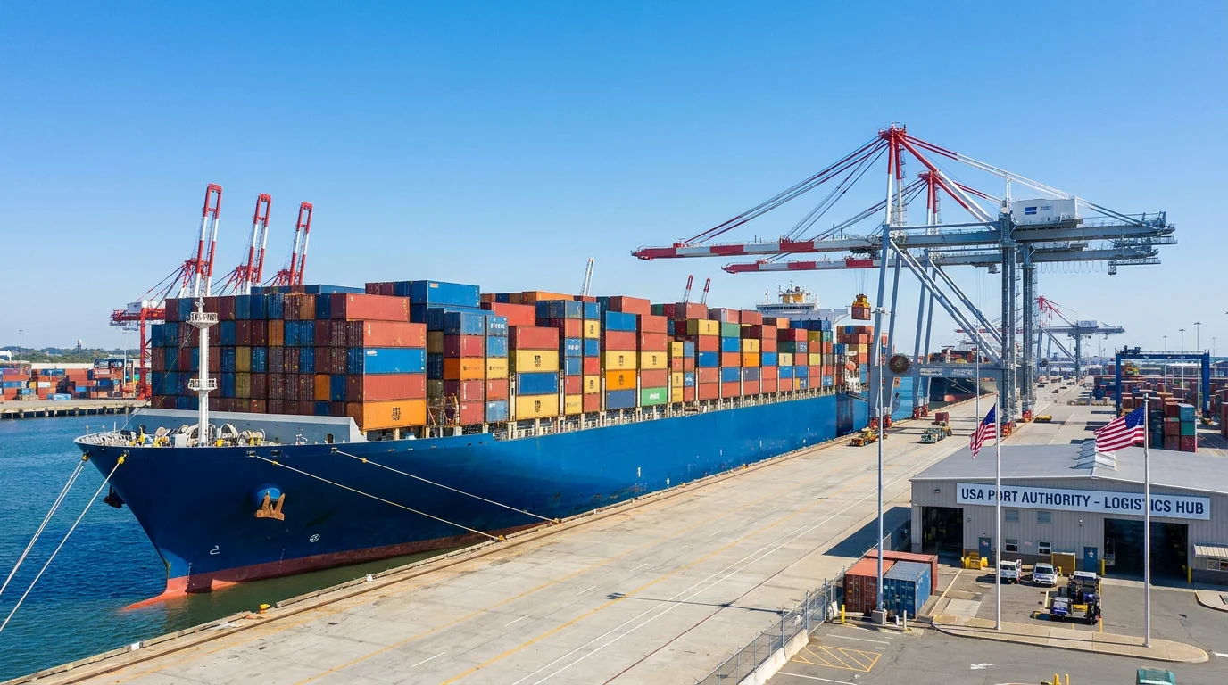 Cargo container ship at a US port representing international shipping logistics for Amazon sellers