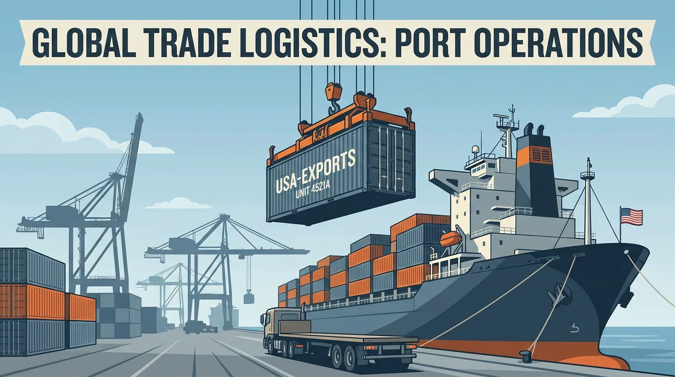 Cargo container being loaded onto a ship at a US port illustrating FOB shipping terms