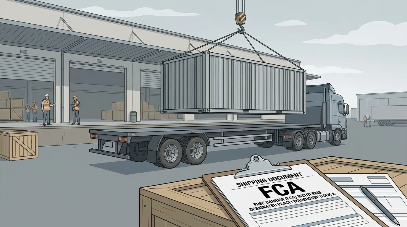 Shipping container loaded at a warehouse dock under FCA delivery terms