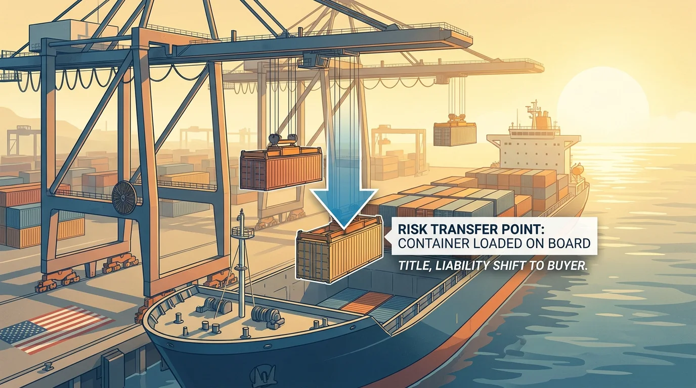Illustration showing the FOB risk transfer point as containers are loaded onto a cargo vessel at a US port