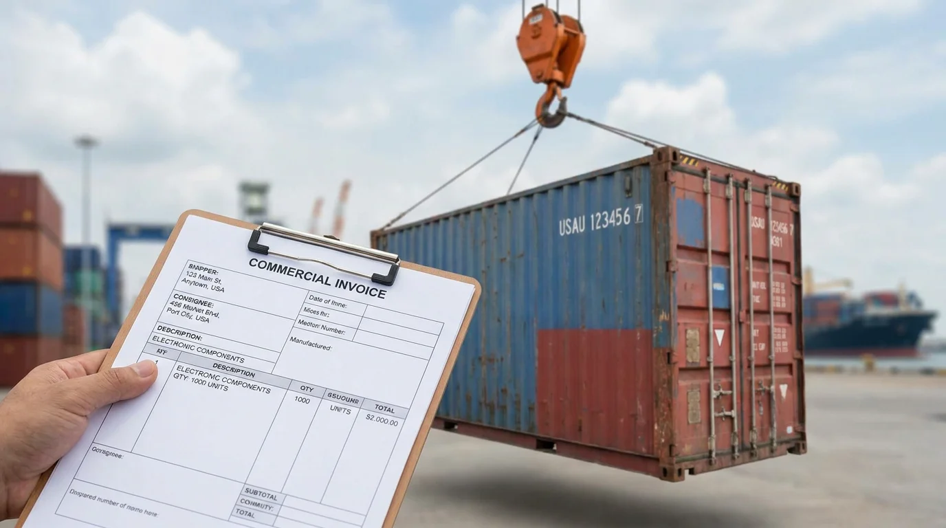 Close-up of a shipping container lifted at a port with commercial invoice clipboard in the foreground