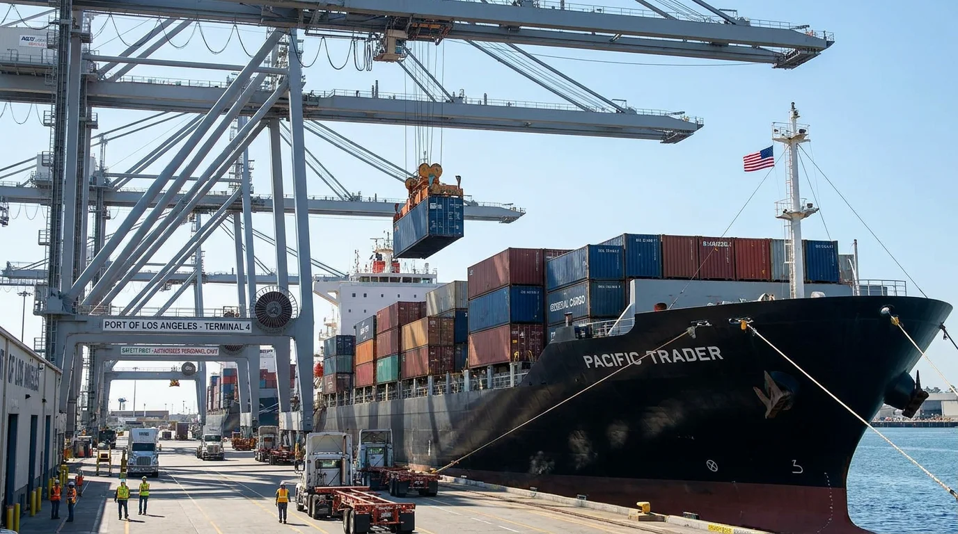 Cargo containers being loaded onto a vessel at a US commercial port illustrating FOB delivery