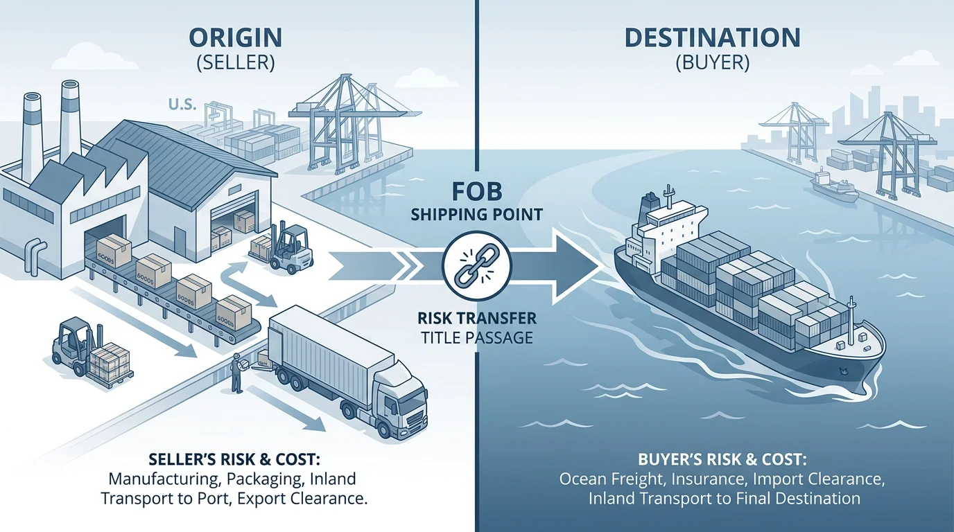 Illustration showing the FOB risk transfer point from seller to buyer at the port of loading