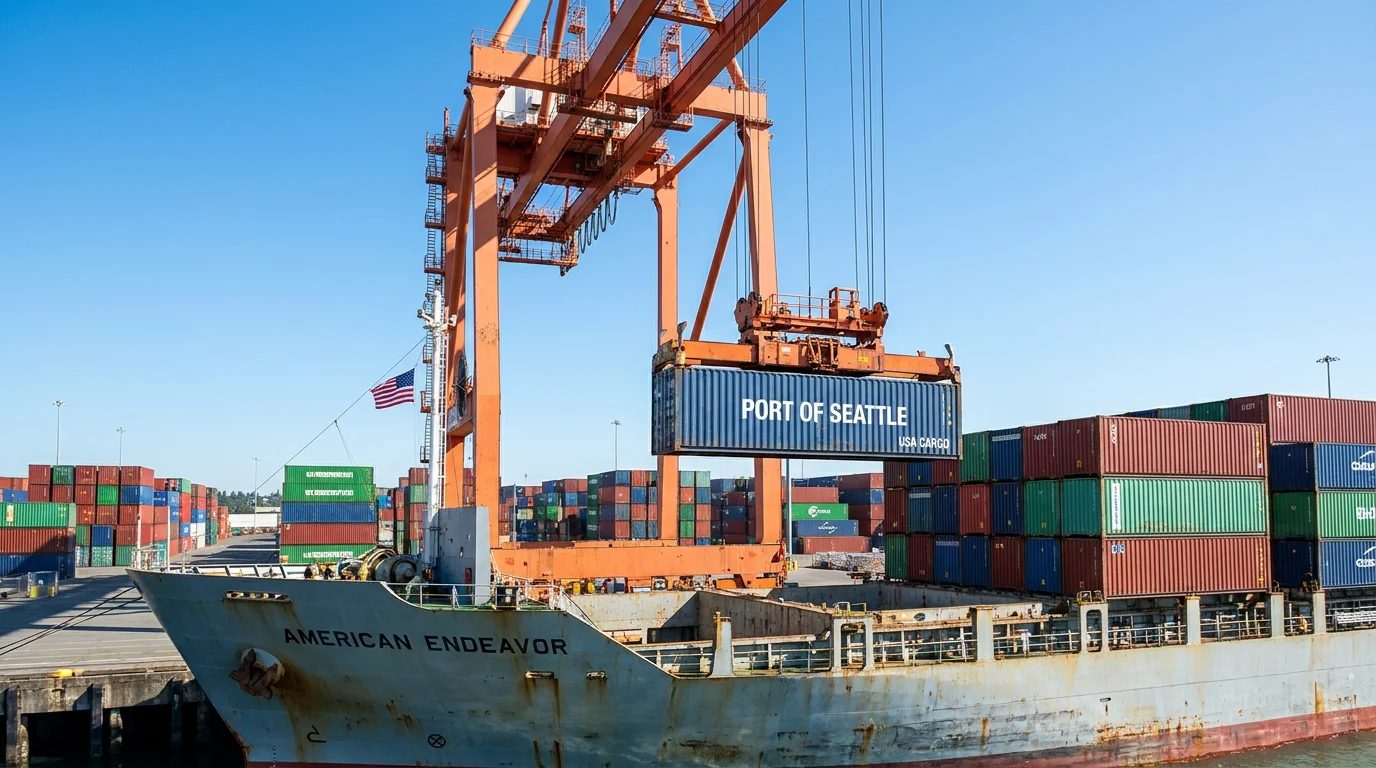 Cargo container being loaded onto a vessel at a US shipping port under FOB terms