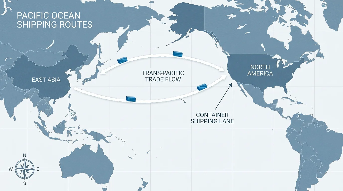 Shipping route map from Asia to North America illustrating FOB trade lanes