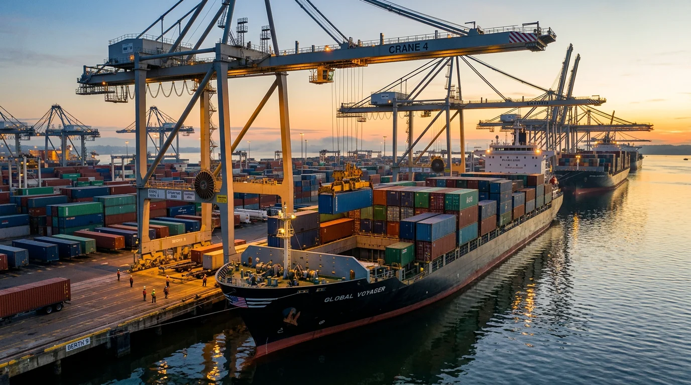 Cargo ship loaded with containers at an origin port at dawn