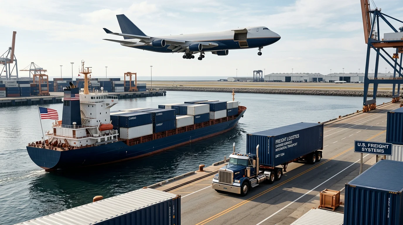 Multimodal freight transport representing the CPT Incoterm across air, sea, and road