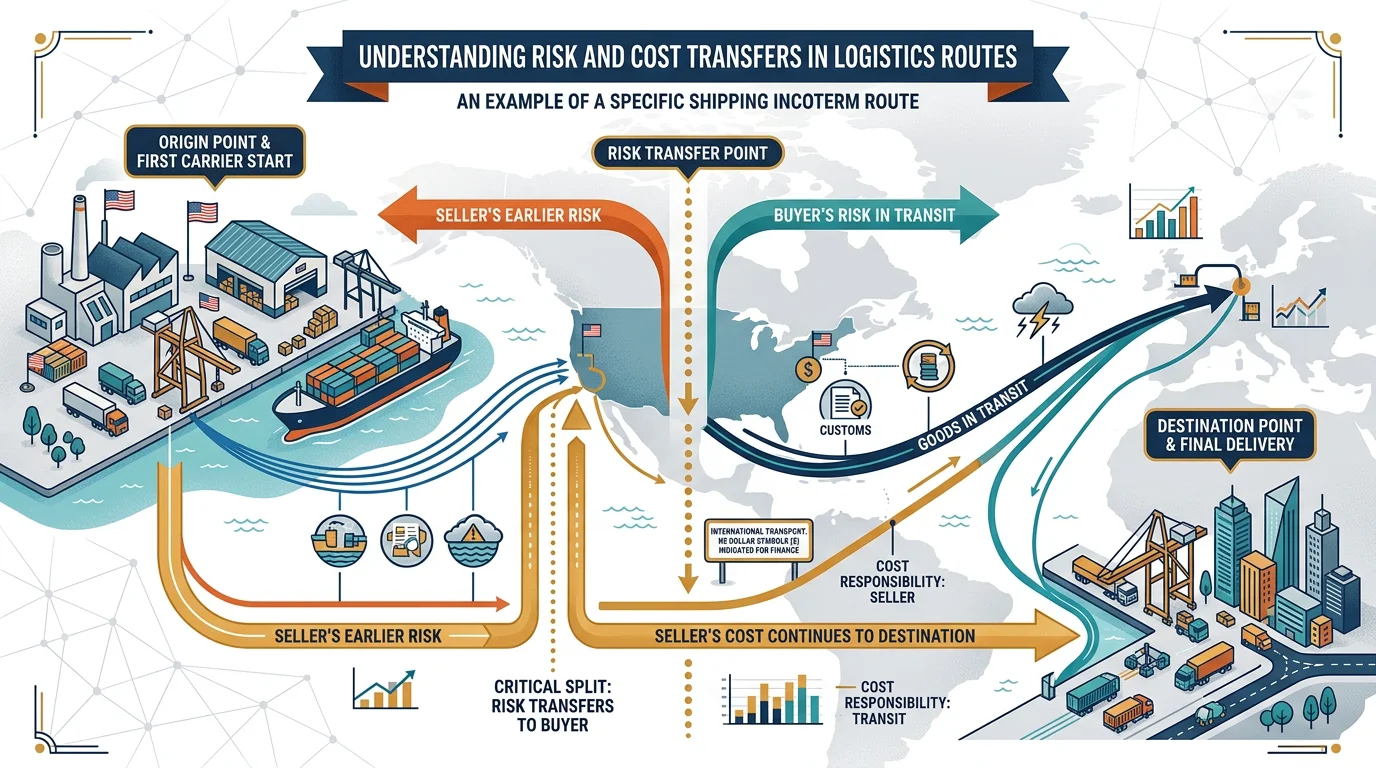 Diagram showing risk transferring early and cost transferring at destination under CPT