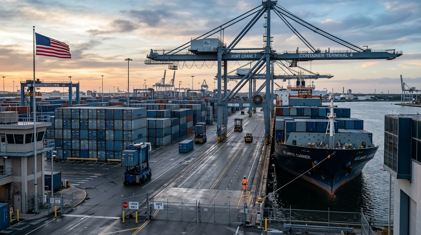 Container ship being loaded at a US port illustrating the moment FOB risk transfers