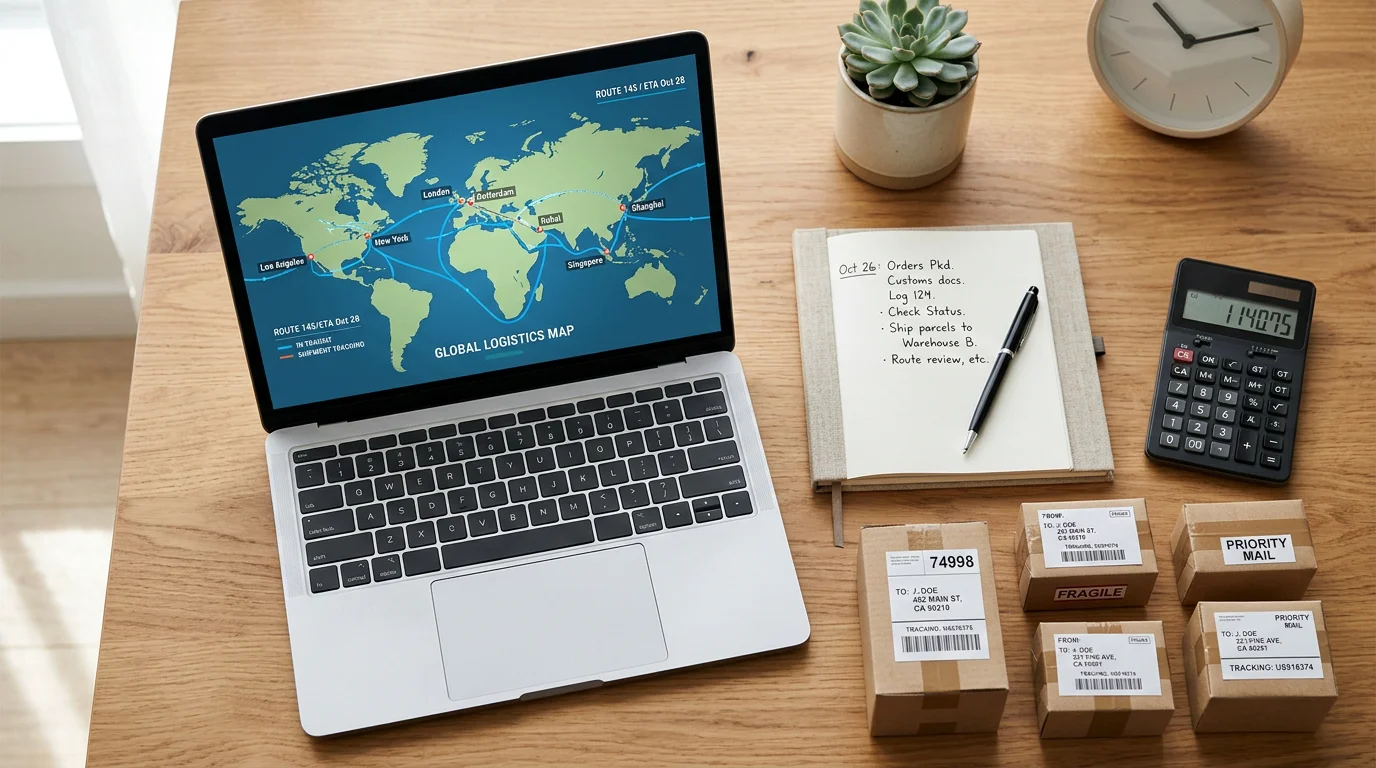 Desk with laptop and parcels representing an Amazon seller planning FOB shipping terms