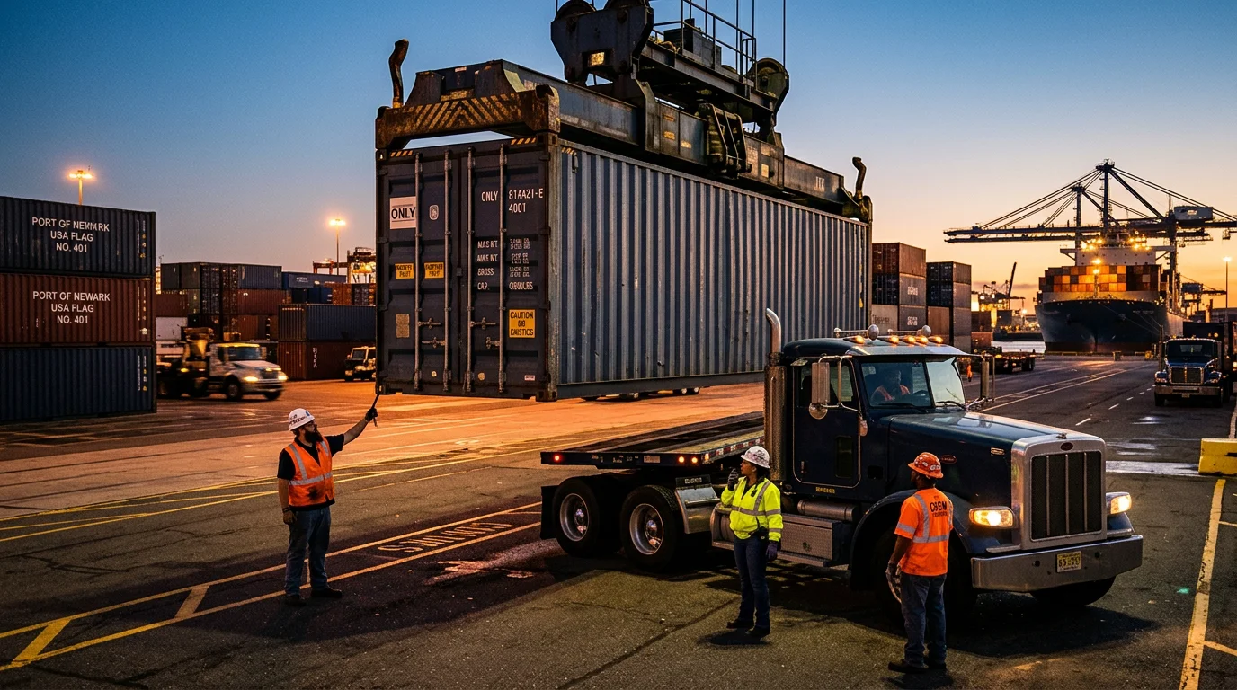 Freight container transferred at a US commercial port under FOB destination terms