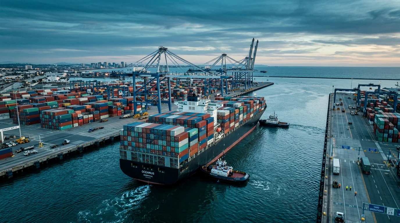 Cargo vessel arriving at a modern container port representing international shipping terms