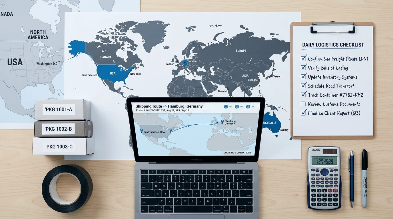 Organized logistics desk with map and checklist for planning a DAP shipment