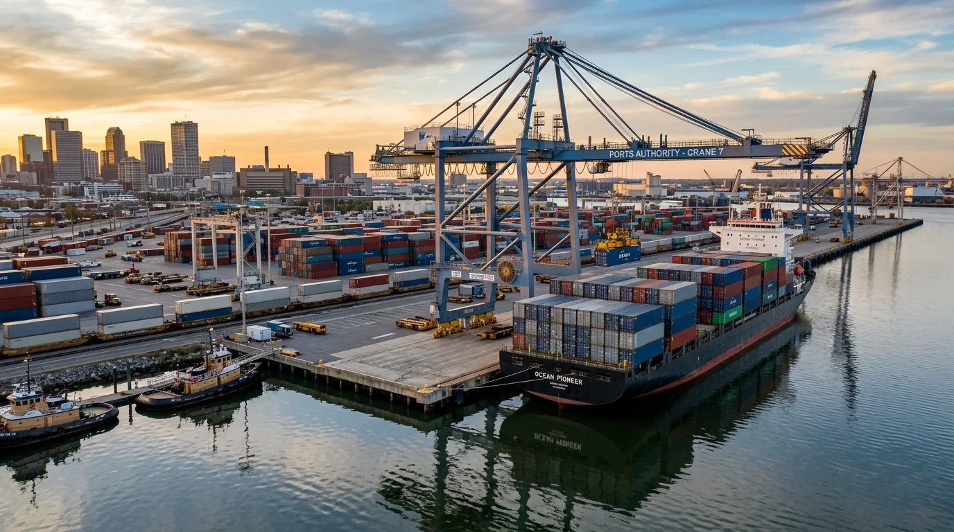 Cargo ship being loaded with containers at an international port at golden hour