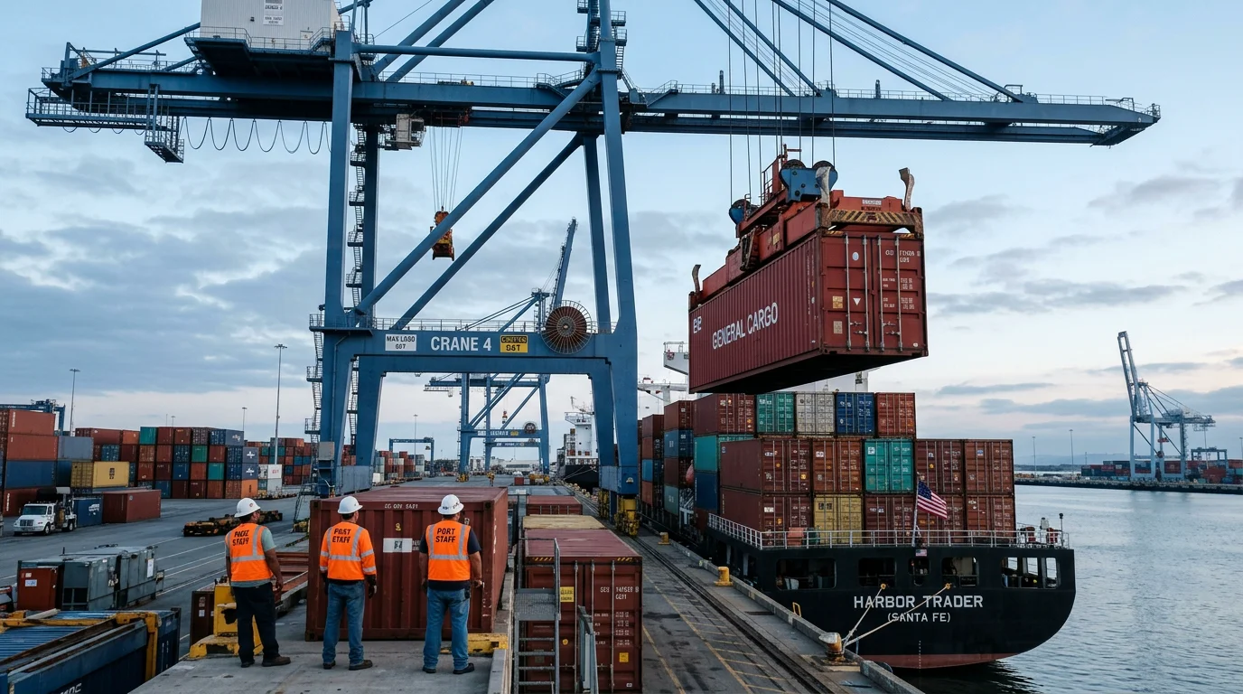 Cargo crane loading a container onto a vessel at a port, illustrating the FOB transfer point