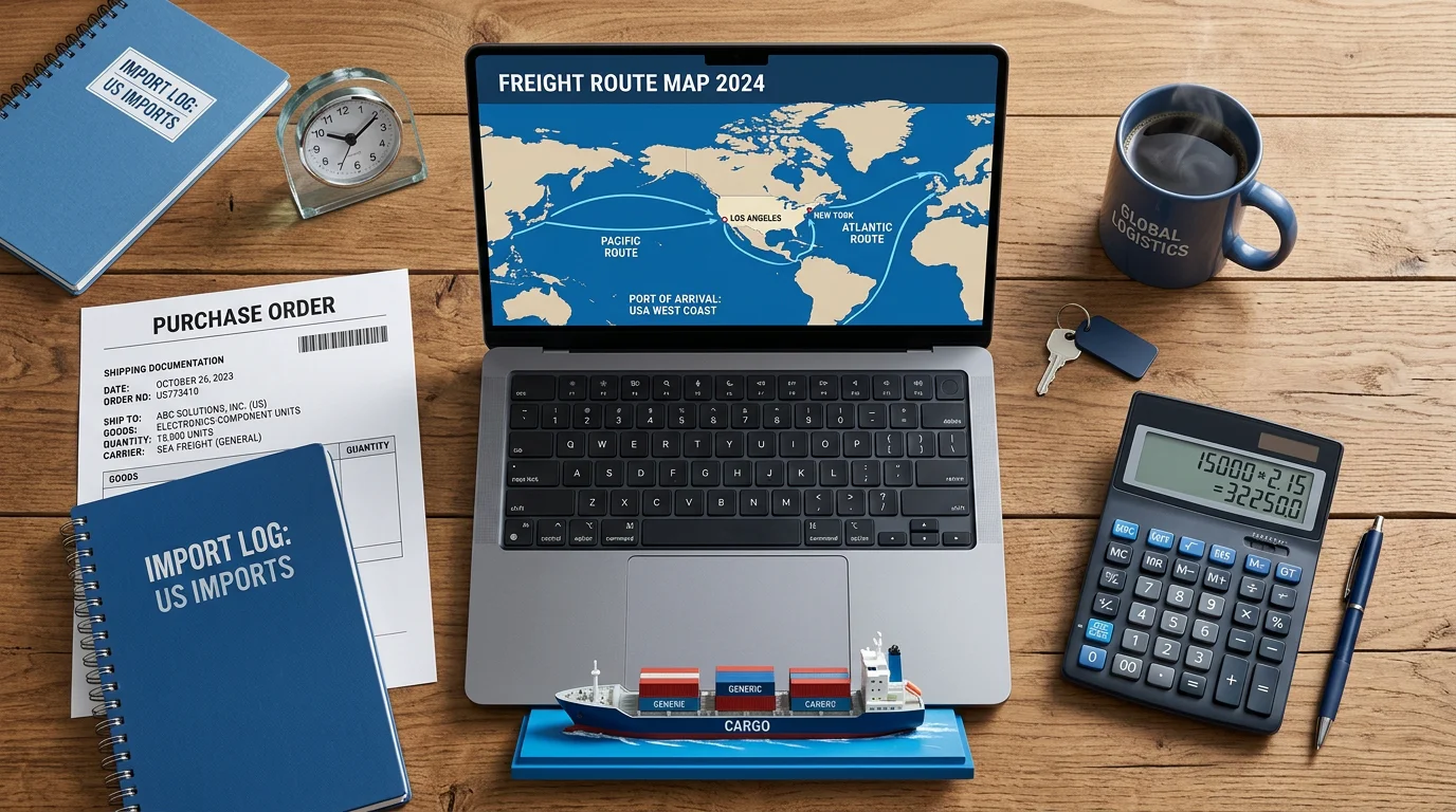 Import planning desk with freight route map, purchase order, and cargo ship model