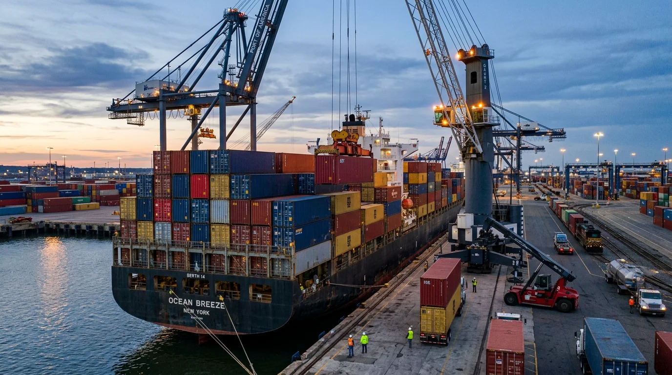 Container ship being loaded with cargo at a port under FOB terms